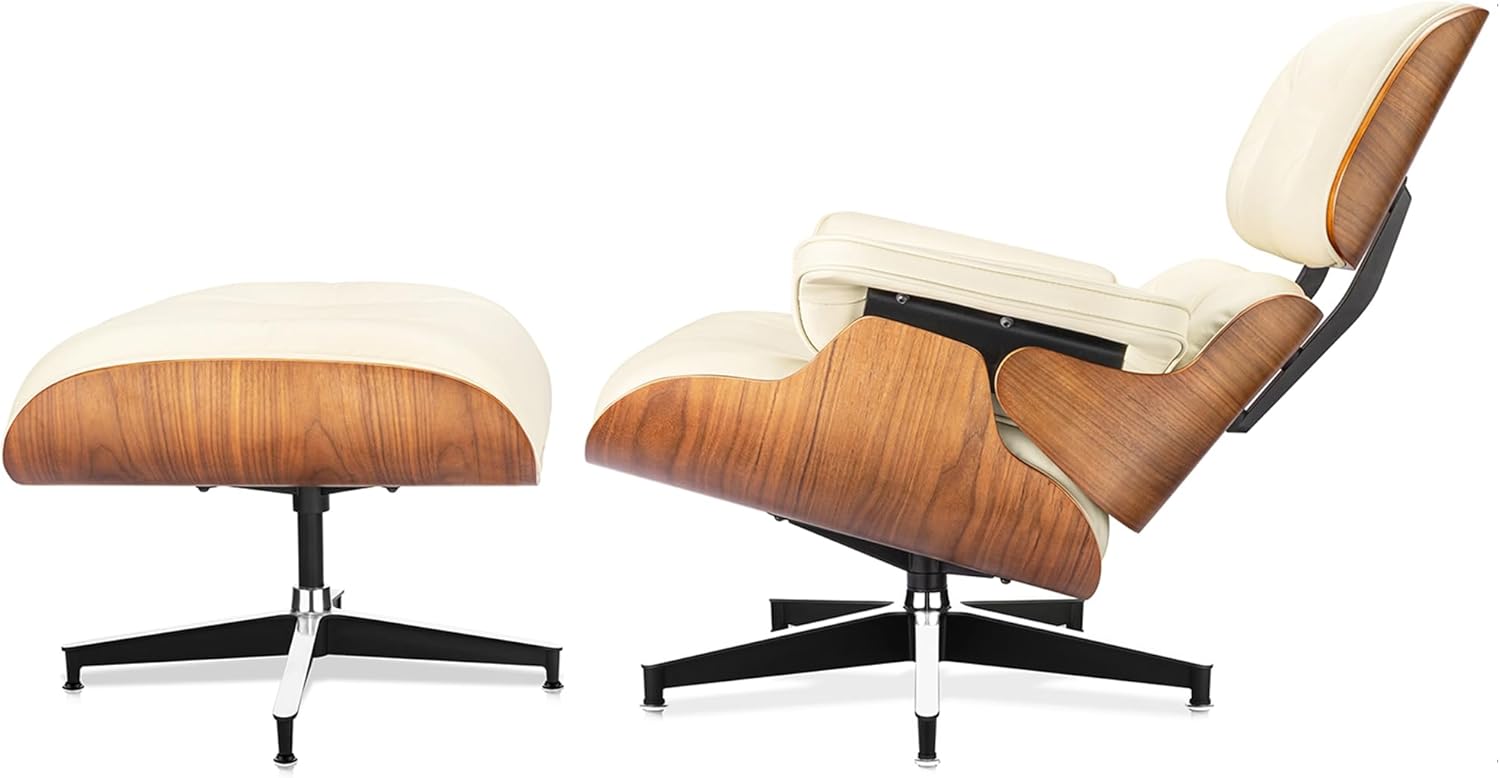 Top Cream White Grain Leather, Mid Century Chaise Lounge Chair and Ottoman, Modern Chair Classic Design, Walnut Wood, Heavy Duty Base Support for Living Room Office
