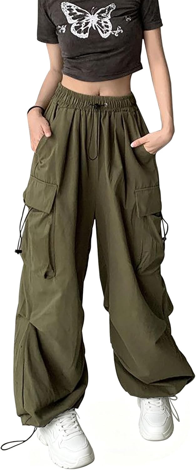 TSMNZMU Womens Baggy Cargo Pants - High Waist Mutil Pocket Loose Fit Parachute Trousers - Y2K Casual Hiking Climbing Pants