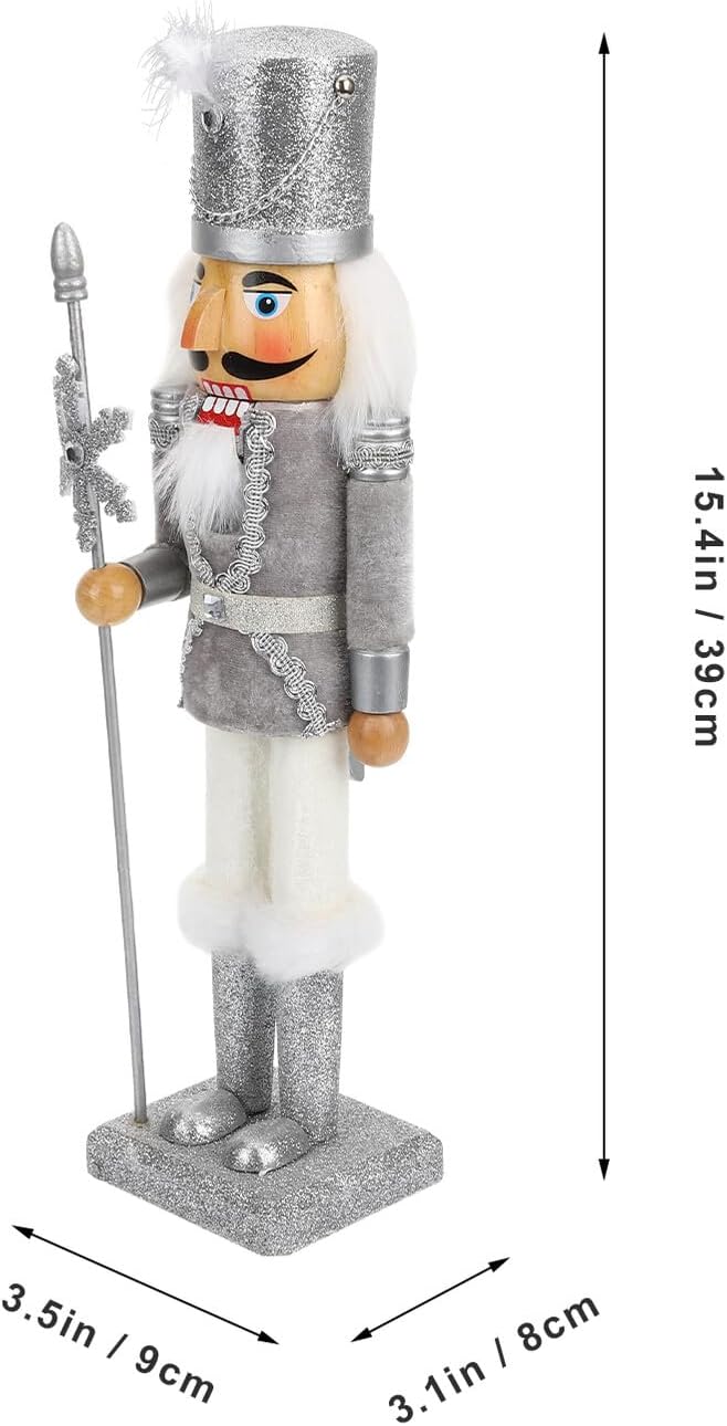 38cm Silver Snowflake King Nutcracker Christmas Decor, Wooden Nutcracker Figurine for Holiday Tabletop and Home Display, Unique Desktop Xmas Ornament Craft