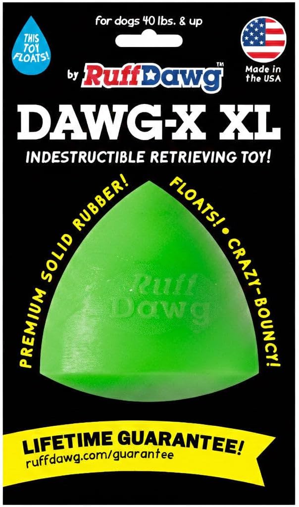 Ruff Dawg Indestructible Dawg-X XL – Heavy-Duty Solid Rubber Fetch Toy for Dogs 40 lbs & Up – Crazy Bounce & Floats – Made in USA – Assorted Neon Colors