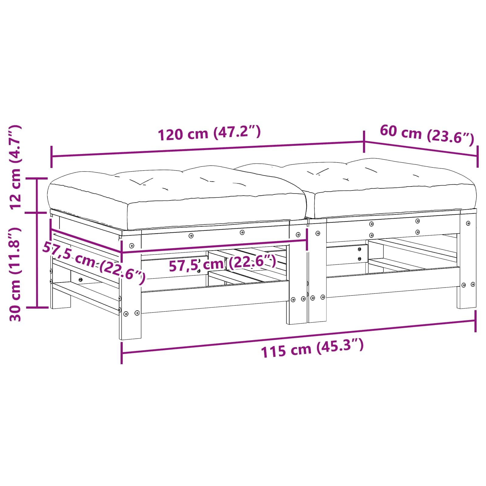 Reposapiés de jardín de madera maciza de pino, color marrón cera, con cojín, 57,5 x 57,5 x 30 cm, reposapiés modular para terraza, muebles de jardín, grupo de salón, versátil