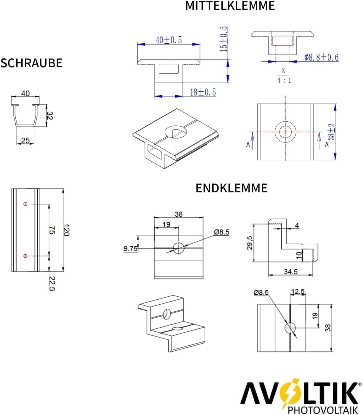 Avoltik Solarpanel Halterung Flachdach I Set für 2 Panele I Solarmodul Halterung Balkonkraftwerk I Flachdach Halterung für PV Module I Solarmodulbefestigungsset mit verstellbarer Endklemme von 30-35mm