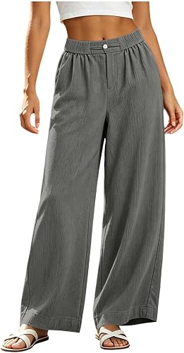 Shiketong Flowy Wide Leg Work Pants Women Linen Palazzo Trousers Gray