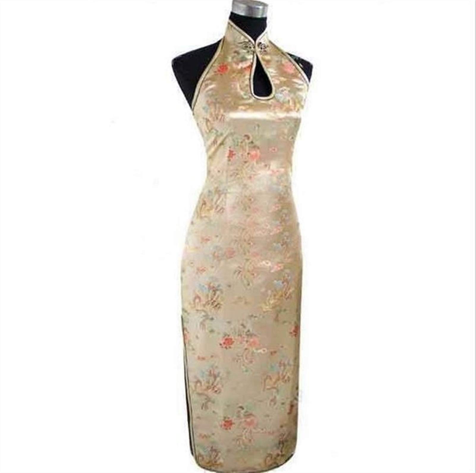 Homeilteds Gold Sexy Backless Traditional Chinese Dress Long Halter Cheongsam Qipao Novelty Dripping Costume Comfortable (Color : Size : M.)