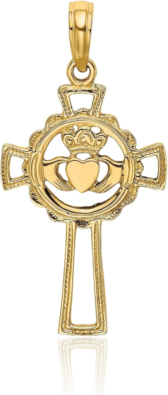 IceCarats 14K Solid Yellow Gold Large Heart Celtic Claddagh Cross Pendant Necklace 27.4mm 1.1 inch Polished For Her For Him
