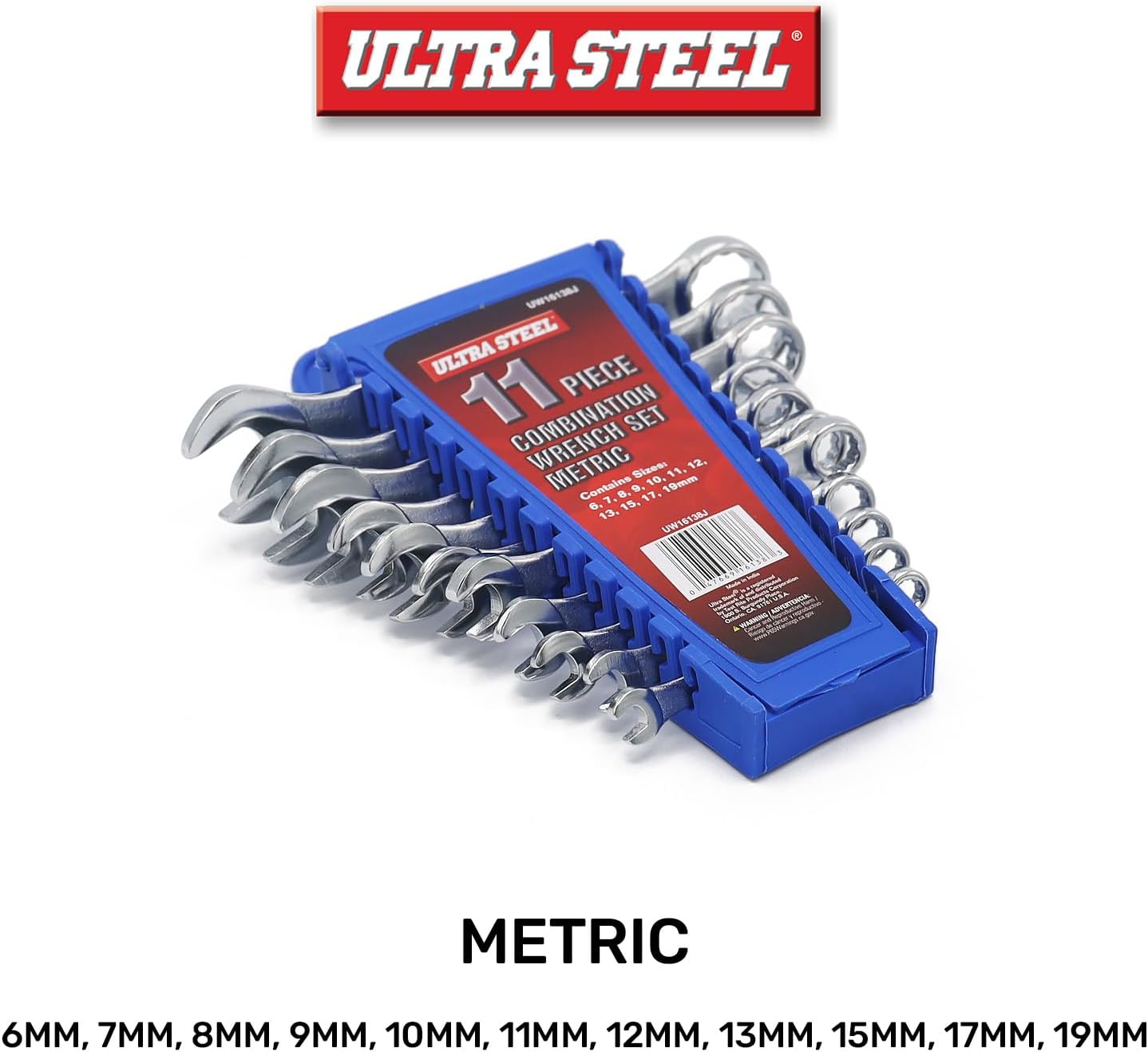 11-Piece Combination Wrench Set, Metric, 6MM, 7MM, 8MM, 9MM, 10MM, 11MM, 12MM, 13MM, 15MM, 17MM, 19MM, Wall Hanging Case Included