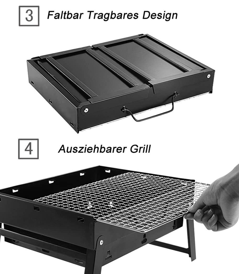 ROIMOE Holzkohlegrills Grill BBQ Portable, Tischgrill Campinggrill Picknickgrill, Abnehmbare BBQ Grills Klappgrill Minigrill für Outdoor Terrasse Camping (Large) Black