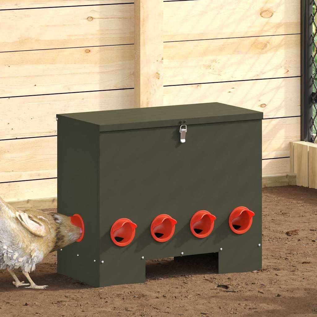 Hühnerfütterer 2 Stück Olive Grün mit 25 kg Kapazität wetterfest langlebig für Innen- und Außenbereich, Futter- und Wasserstation, automatische Dosierung, Robustes Stahldesign