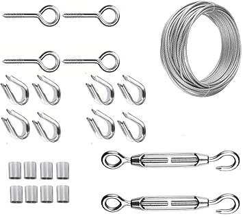 DIY Crafts Wire Trellis Kit, Wire, Stainless Steel Cable Wire Rope Turnbuckle Wire Tensioner Kit for Cable Railing, Garden Wire Job (Silver, 5mtr Rope 1x Kit, Metal)