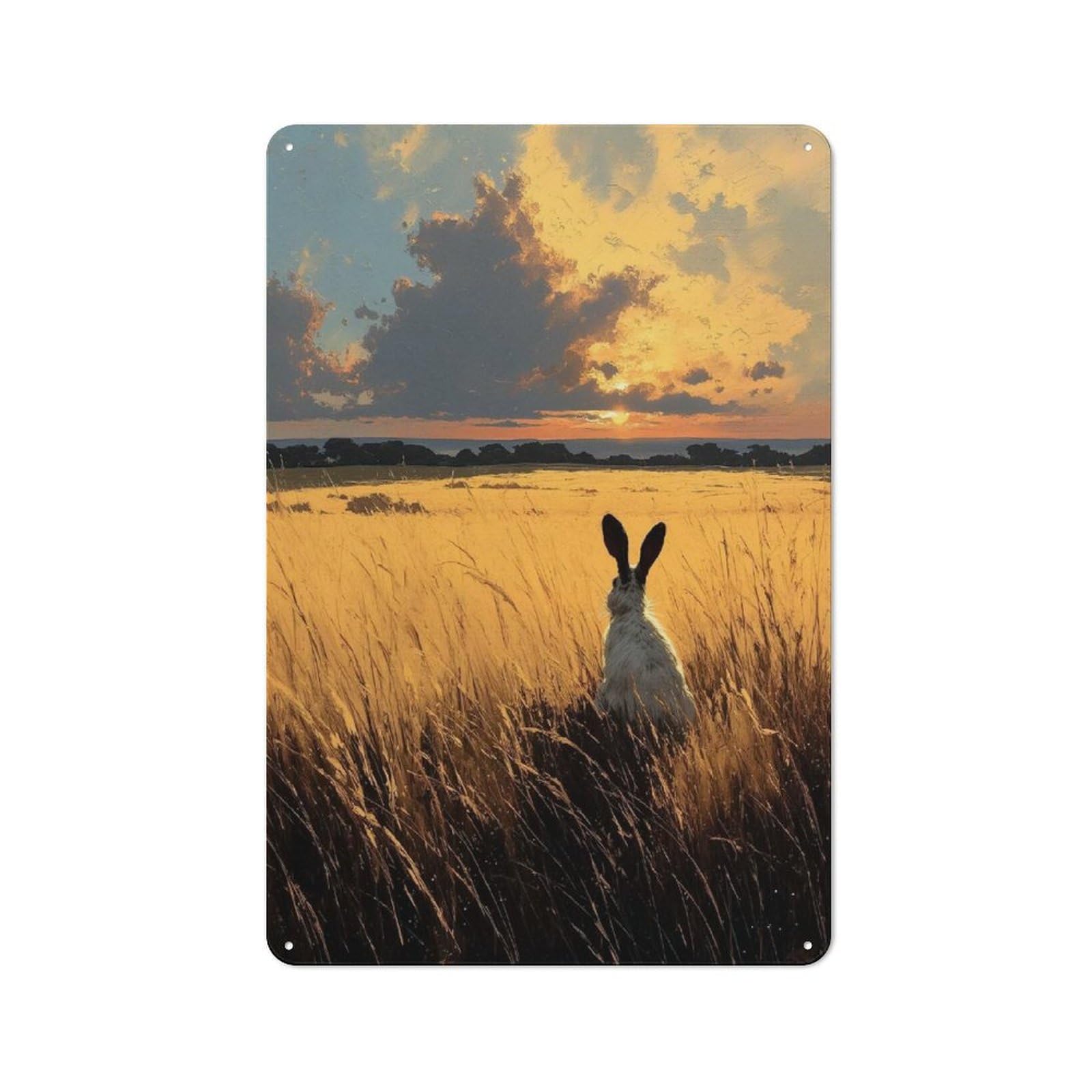Junmoney Style-15 Smart Tin Sign 30X20cm Featuring Hare In Golden Field At Sunset, Office Wall Decor For Workspace, Cafe, Shop Or Desk Area