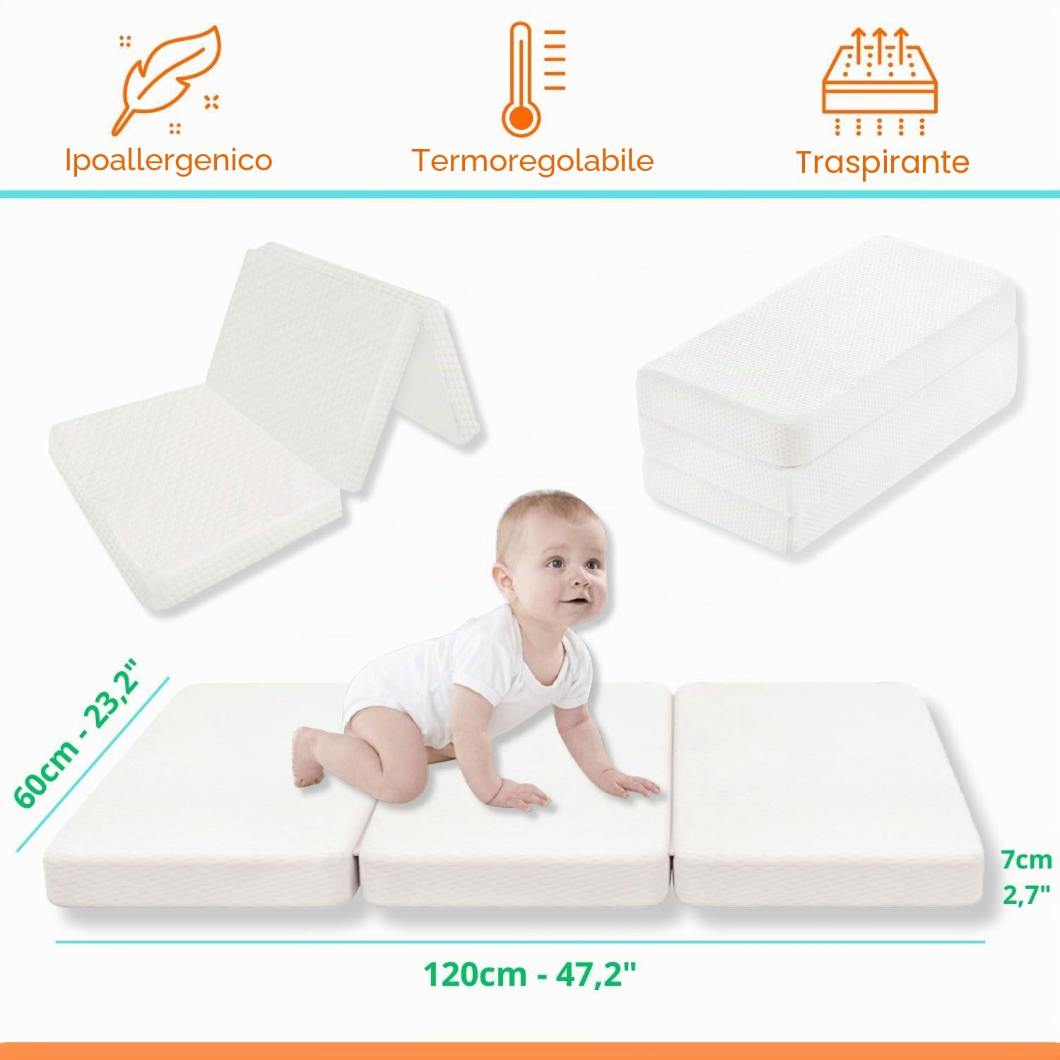 Materasso per lettino da campeggio- 120x60- Materasso per lettino per bambini e neonati, pieghevole per il massimo comfort-OEKO-TEX-Per lettino da viaggio-Copertura in bambù lavabile.