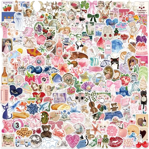 200PCS Autocollants Esthétiques Roses, Autocollants Girly Cute Coquette pour Bagages, Album de Découpage, Planche à Roulettes, Guitare, Bouteille d'eau,...