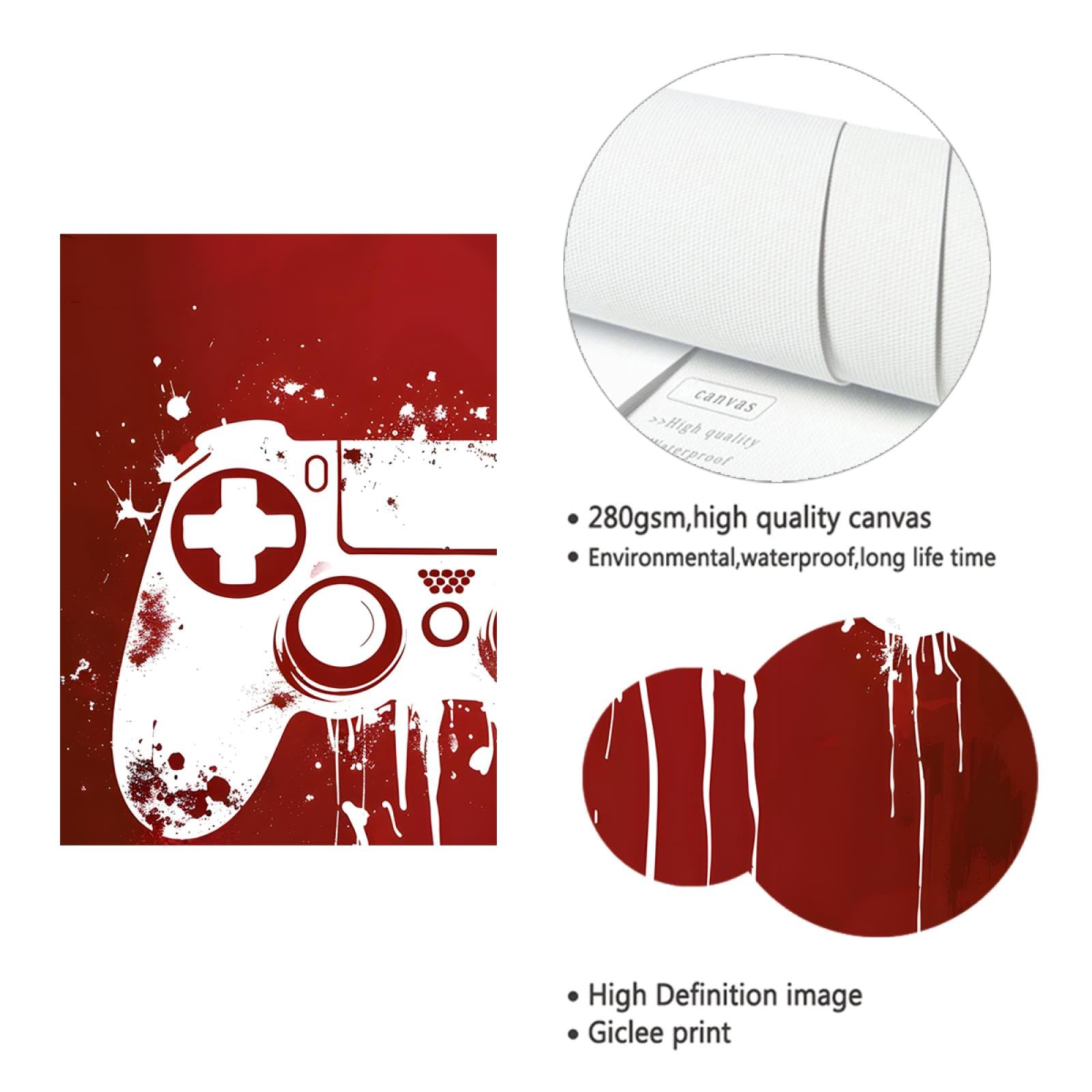 UIRINGART Nouveauté Toile Art Mural Graffiti Jeu Contrôleur Affiche Photo Blanc & Rouge Toile Oeuvre pour Salon Salle de Jeux Décoration Murale 80x110cm Cadre intérieur