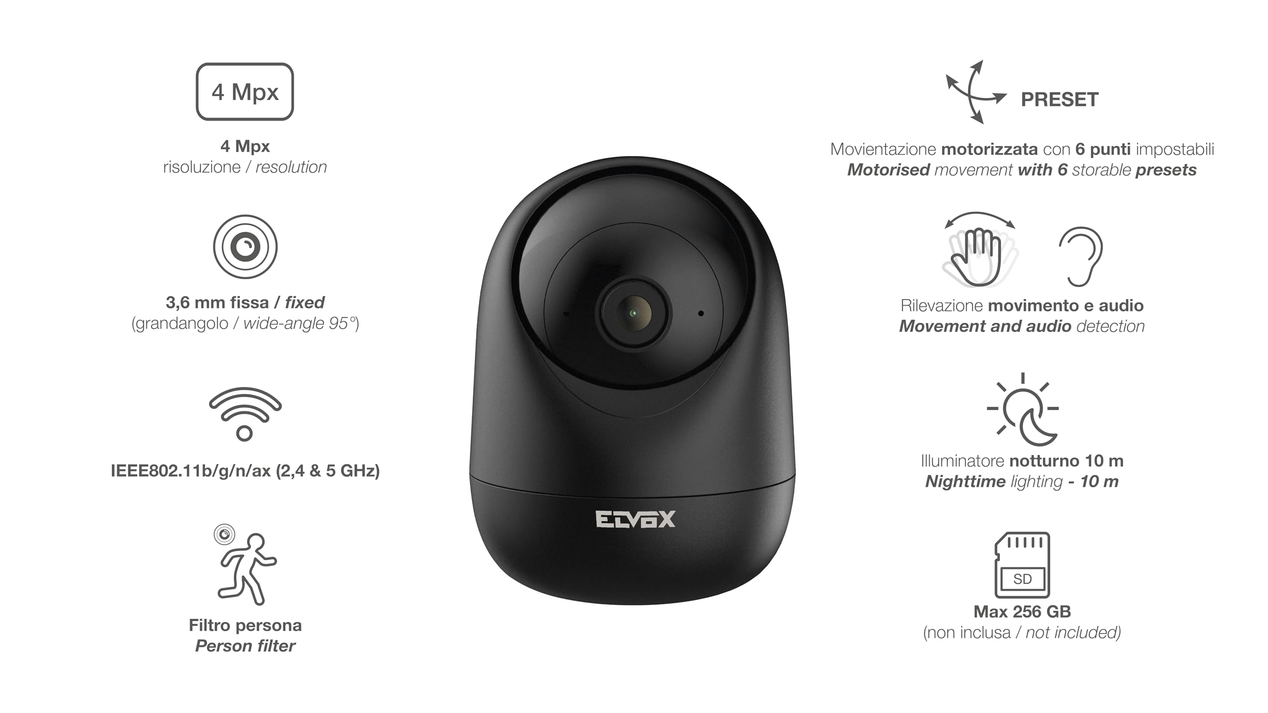 Vimar 46303.DN PT-IP Camera Motorized Wi-Fi Intelligent Tracking 2K 4Mpx 2560x1440 OB 3.6mm 95° IR Night Vision 10 m, Motion Detection Filter People, VIEW Camera App Notifications Vimar 46303.DN PT-IP Camera Motorized Wi-Fi Intelligent Tracking 2K 4Mpx 2560x1440 OB 3.6mm 95° IR Night Vision 10 m, Motion Detection Filter People, VIEW Camera App Notifications