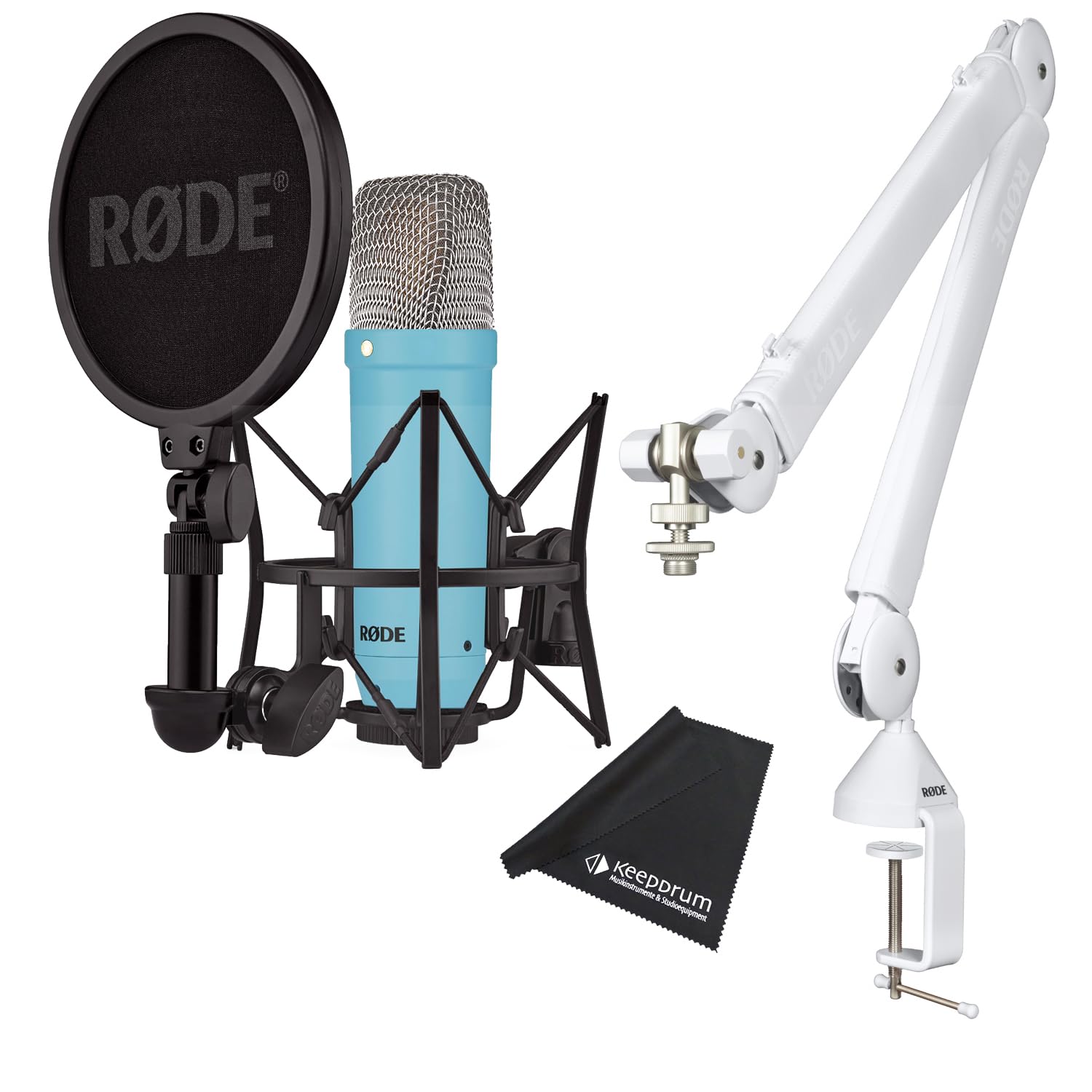 Rode NT1 Signature Blue Studio-Mikrofon Blau mit PSA1+ W Plus Gelenkarm-Stativ Weiss + keepdrum Mikrofasertuch