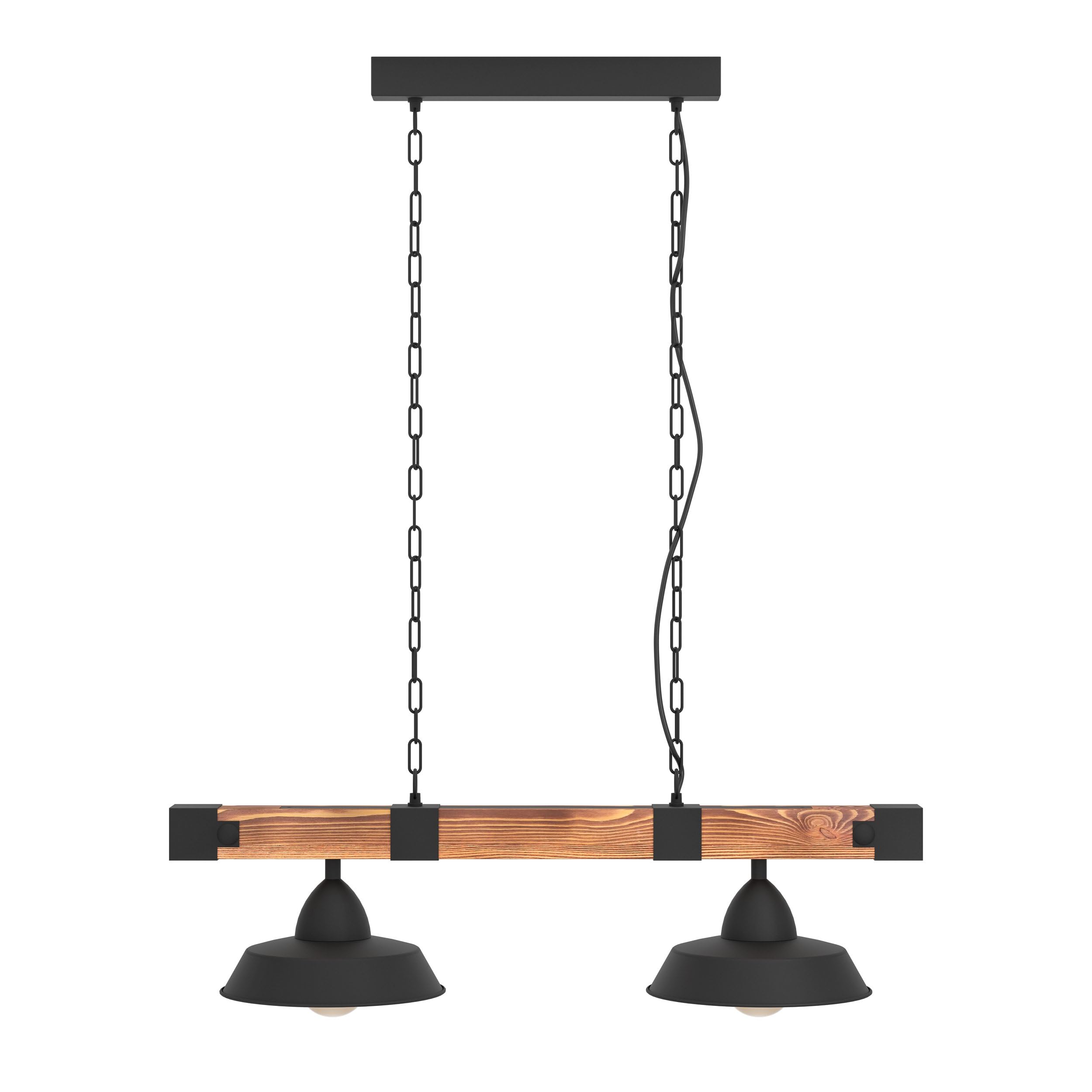 EGLO Pendellampe Oldbury 2 flammige Vintage Pendelleuchte | im Industrial Design, Hängelampe aus Stahl und Holz, Farbe: Schwarz, braun rustikal, Fassung: E27, L: 86 cm