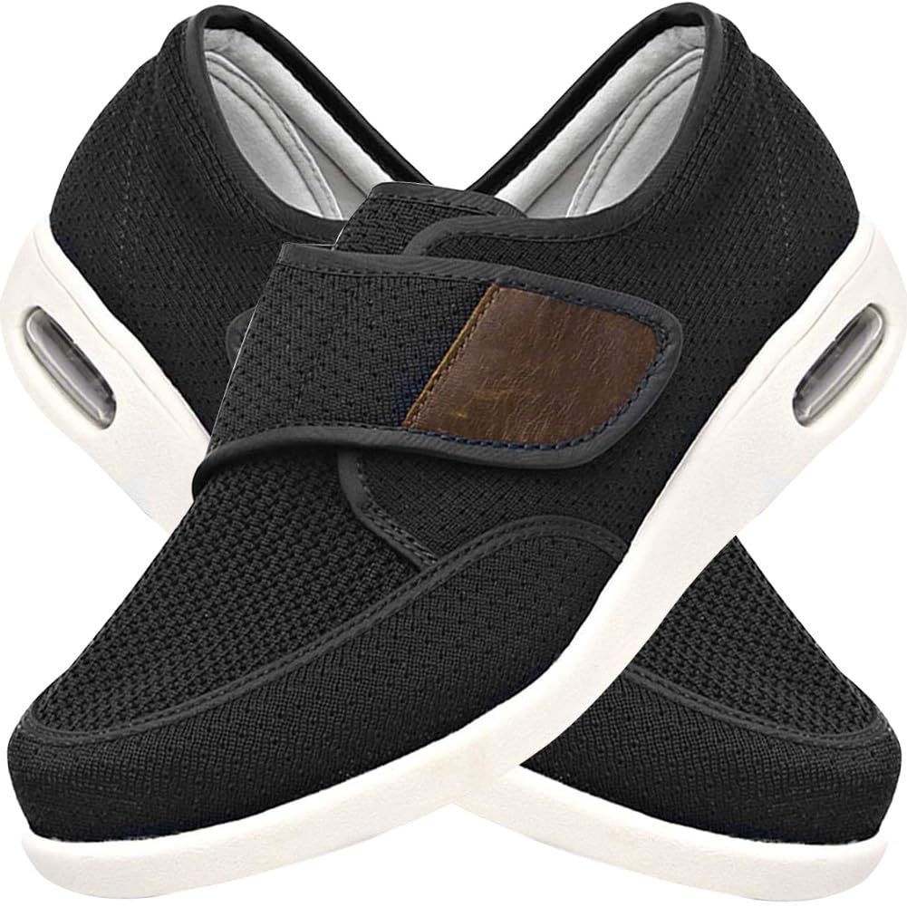 POFH Mens Arthritis Slippers Mens Wide Toe Walking Shoes for Elderly Swollen Feet, Edema Widening Walking Shoes with Adjustable Closure Lightweight Diabetic Shoes (Color : Black, Size : 42 EU)