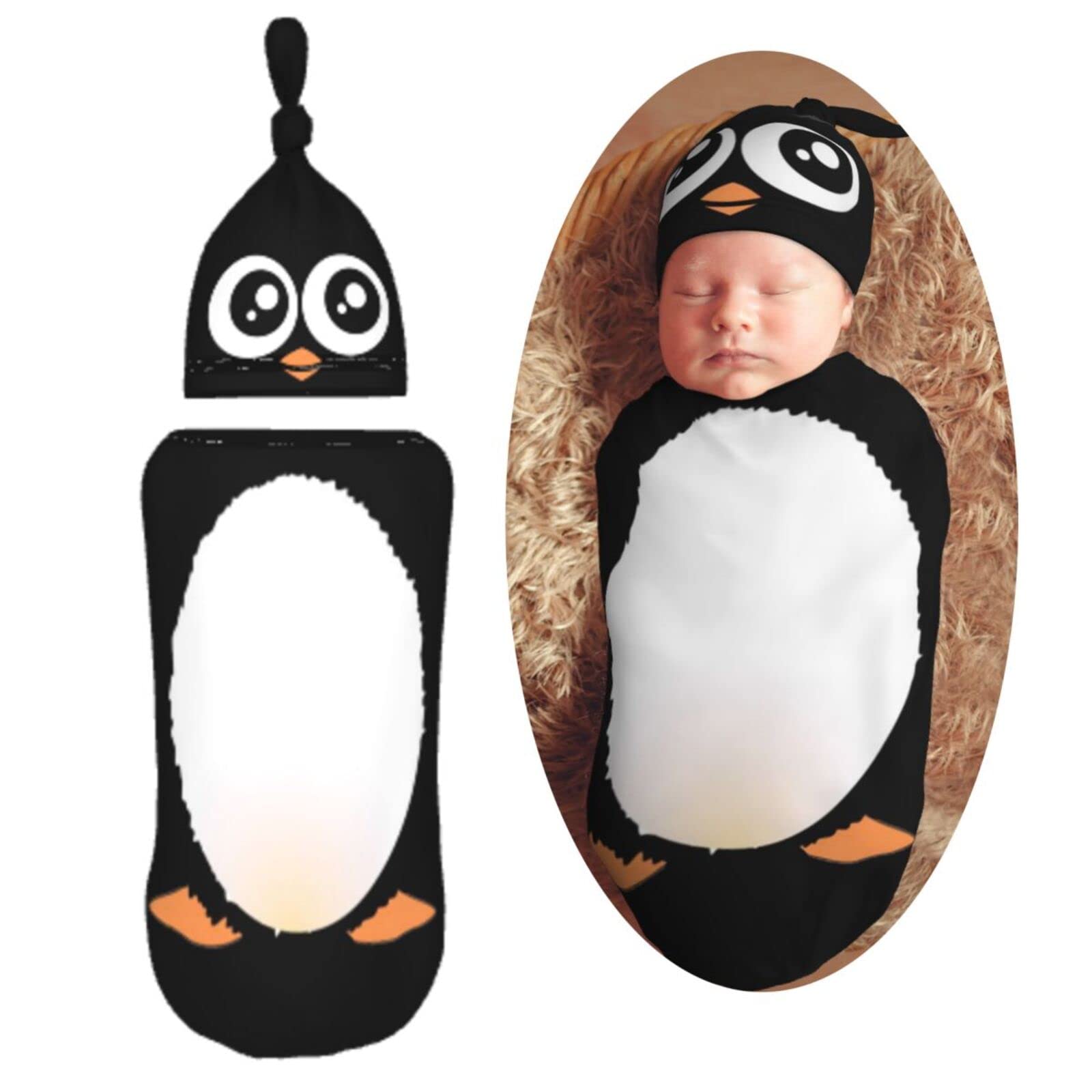 Cute Penguin Newborn Swaddle Blankets Hat Sets Soft Baby Receiving Blanket Swaddle Sack for Baby Shower Infant Boy Girl Gift