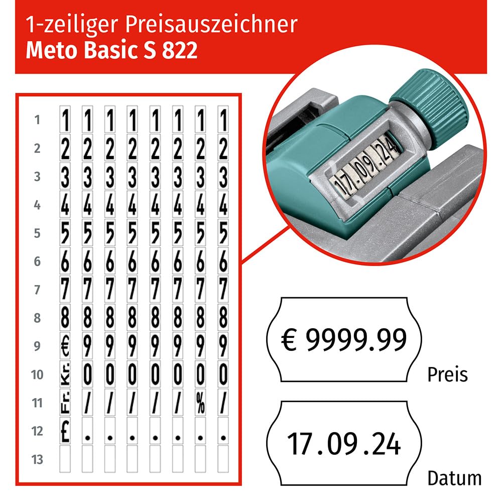 Meto Podstawowy zestaw broni cenowej S - cena, data, data przydatności do spożycia (pojedyncza linia, 8 cyfr dla etykiet 22 × 12 mm, 1 x pistolet datowniczy gotowy do użycia)