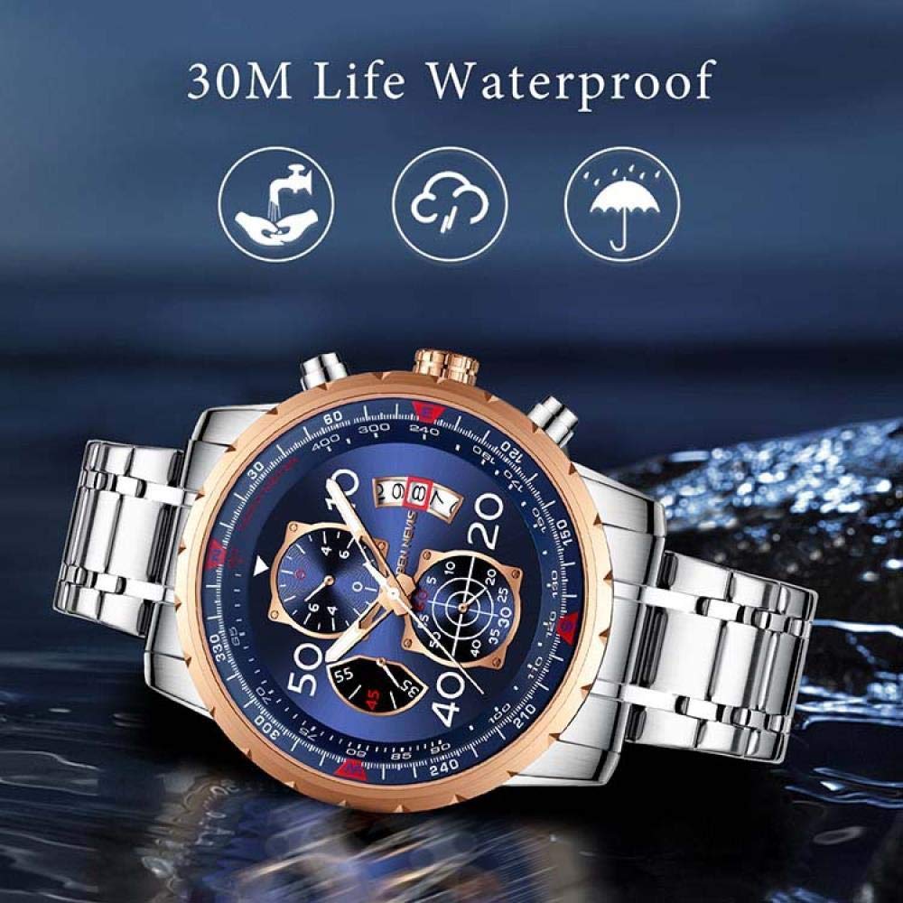 Ourui Orologi Da Polso,Orologio Al Quarzo Con Quadrante Grande A 3 Occhi E 6 Lancette Con Funzione Calendario, Blu Argento