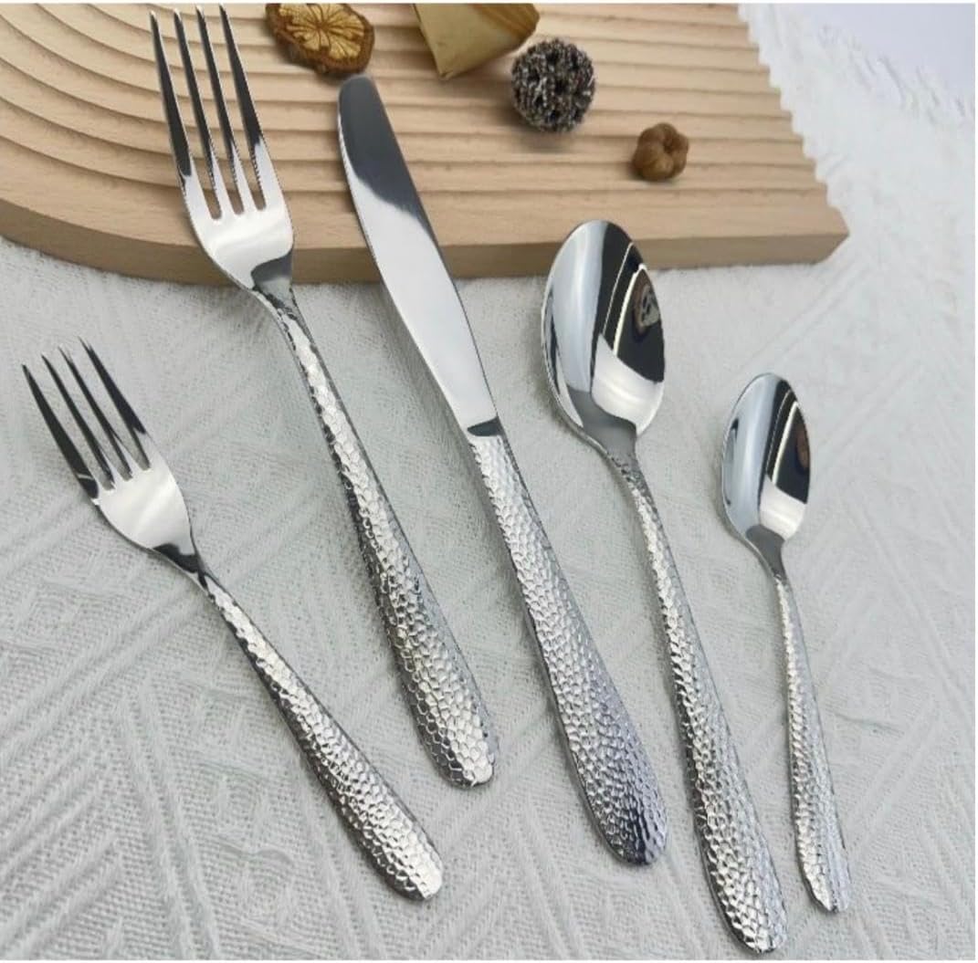 Casa Milano Elegant Deluxe Flatware Set, 20-Piece Stainless Steel Cutlery for 4, Mirror Polish Silverware with Hammered Design, Dishwasher Safe