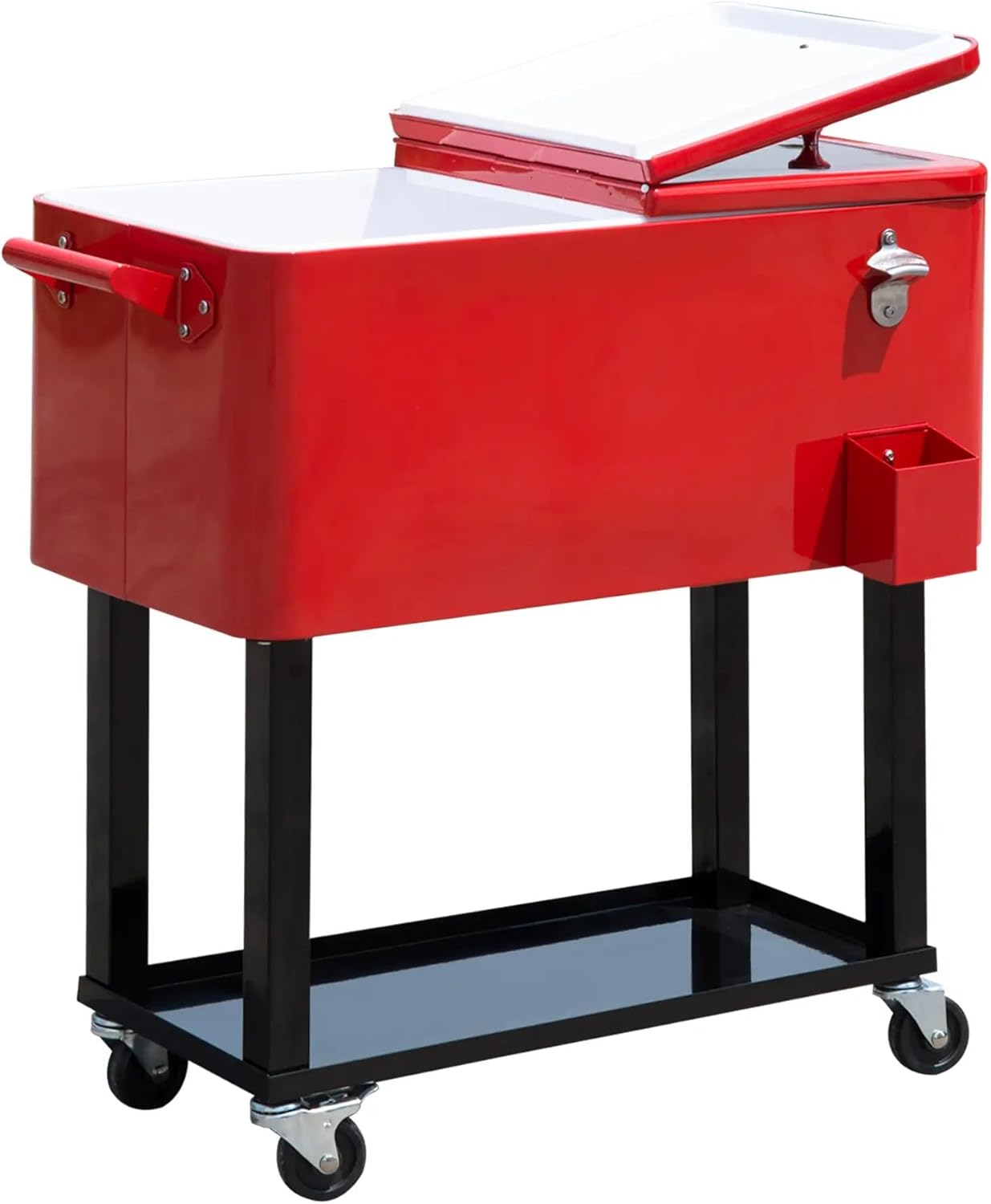 80 QT Rolling Cooler Bin, Ice Chest on Wheels with Outdoor Stand-Up Drink Cart for Parties