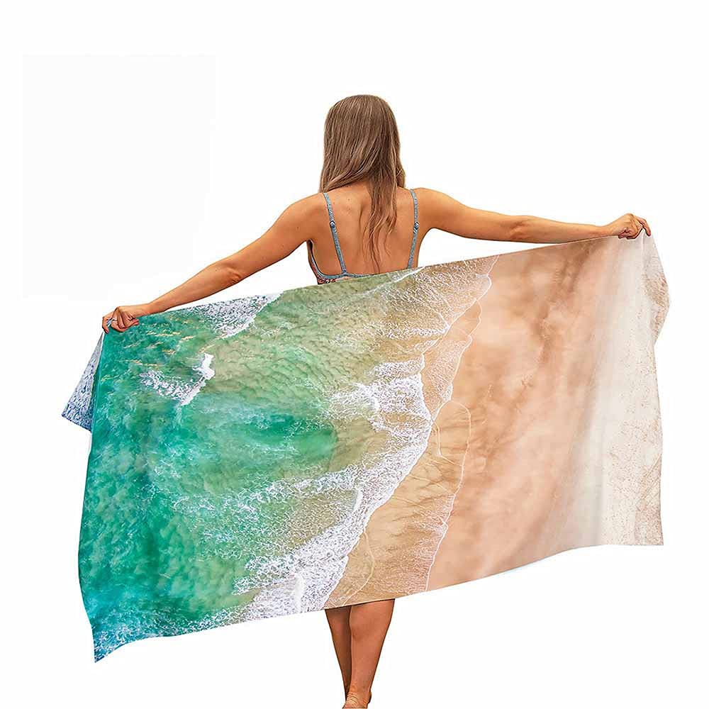 FANSU Microfibre Beach Towel Extra Large, 3D Beach Wave Printed Easy Care Lightweight Quick Dry Soft Super Absorbent Sports Travel Summer Swim Yoga Bath Towels (Green sea,70x150cm)