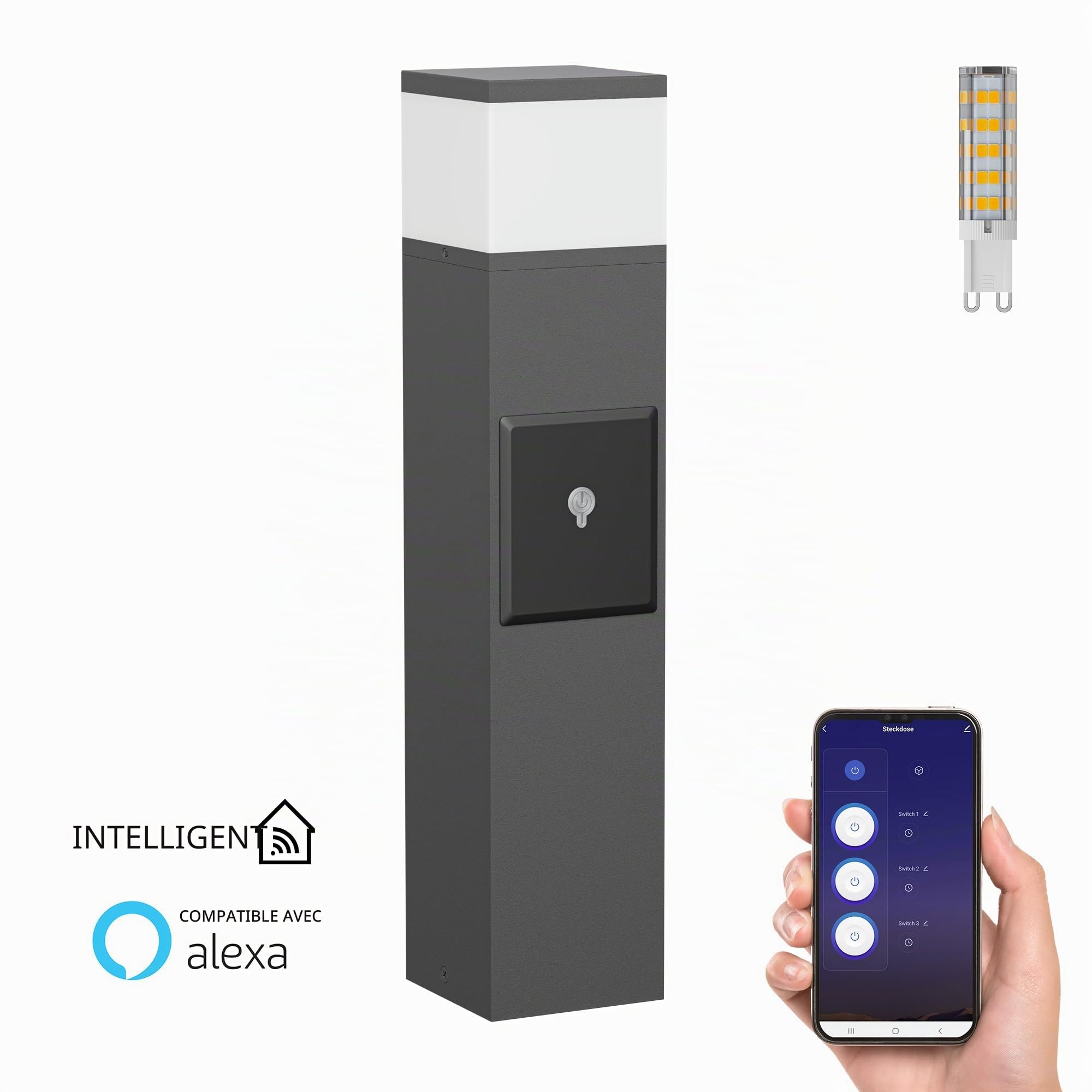 ledscom.de Borne d'éclairage PODEL avec piquet de terre pour l'extérieur, Smart Home, 39cm, anthracite, 2 prises de courant, ampoule G9 incluse, 596lm, blanc