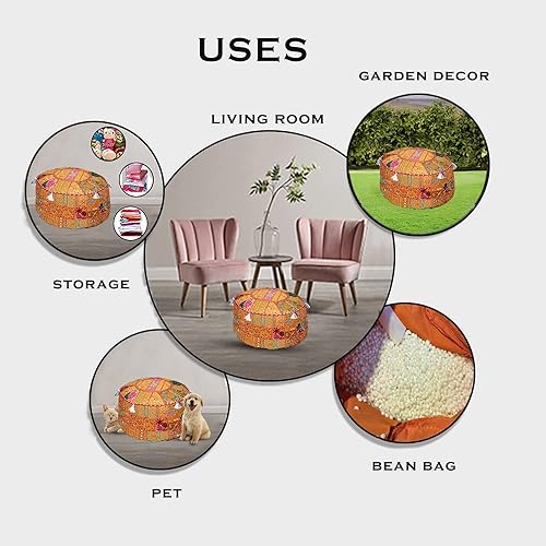 Miniatura 5 de Aakriti Gallery Funda de puf indio bordada étnica, puf otomano redondo de algodón indio, funda de puf otomano, almohada de decoración étnica, solo
