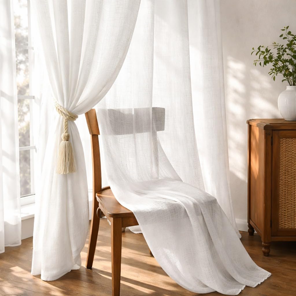 THE LINEN COMPANY Cotton Linen Sheer Window Curtains with Rod Pocket, Semi Transparent Light Filtering Drapes for Living Room & Bedroom, White, 5 Feet, Pack of 1
