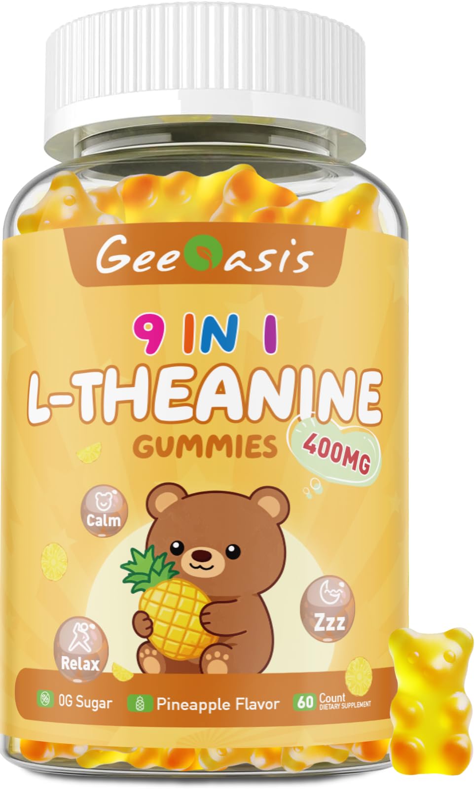 L-theanine 400mg Gummies, l theanine Supplement for Kids & Adults, 9 in 1 High Absorption Theanine Complex for Stress & Focus Support, Pineapple Flavor, 60 Count