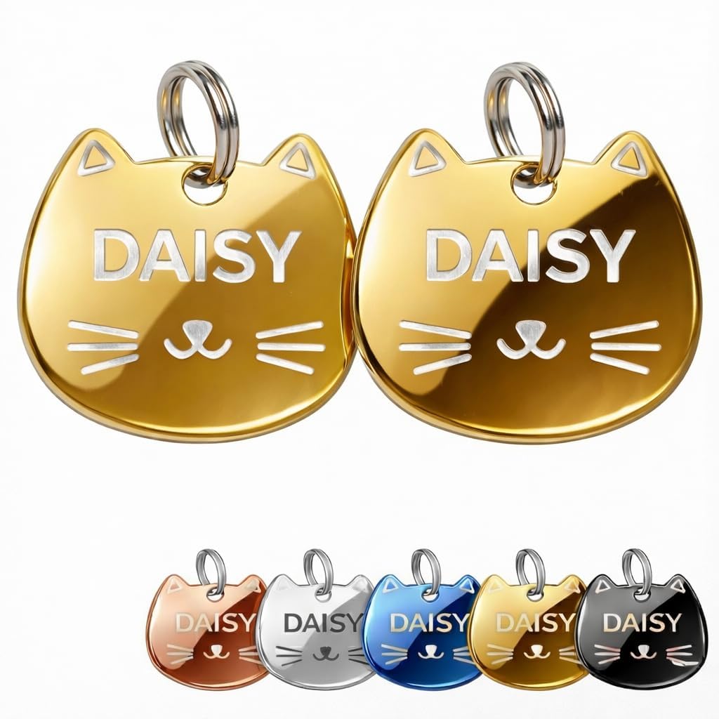 2-Pack Personalised Cat Face ID Tags, Custom Engraved Stainless Steel Cat Name Tags with Phone Number, Front & Back Engraving, Cat-Shaped Tags for Cats and Kittens (Gold)