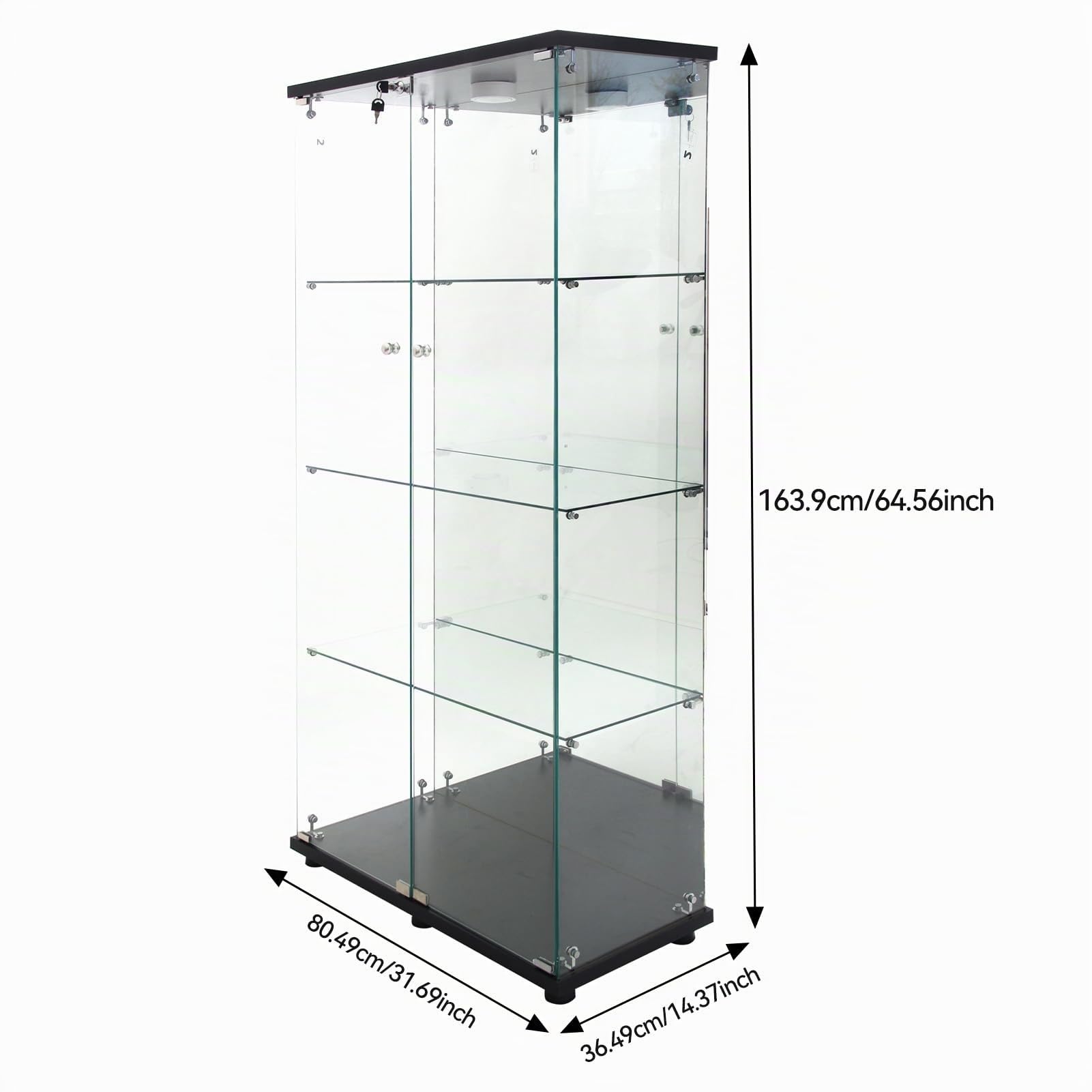 Vitrina Cristal Expositora con Luz, Puerta Cerradura, 4 estantes - Grande Vitrina de Colecciones,Vitrina de pie para Sala Oficina(Espalda Espejo)