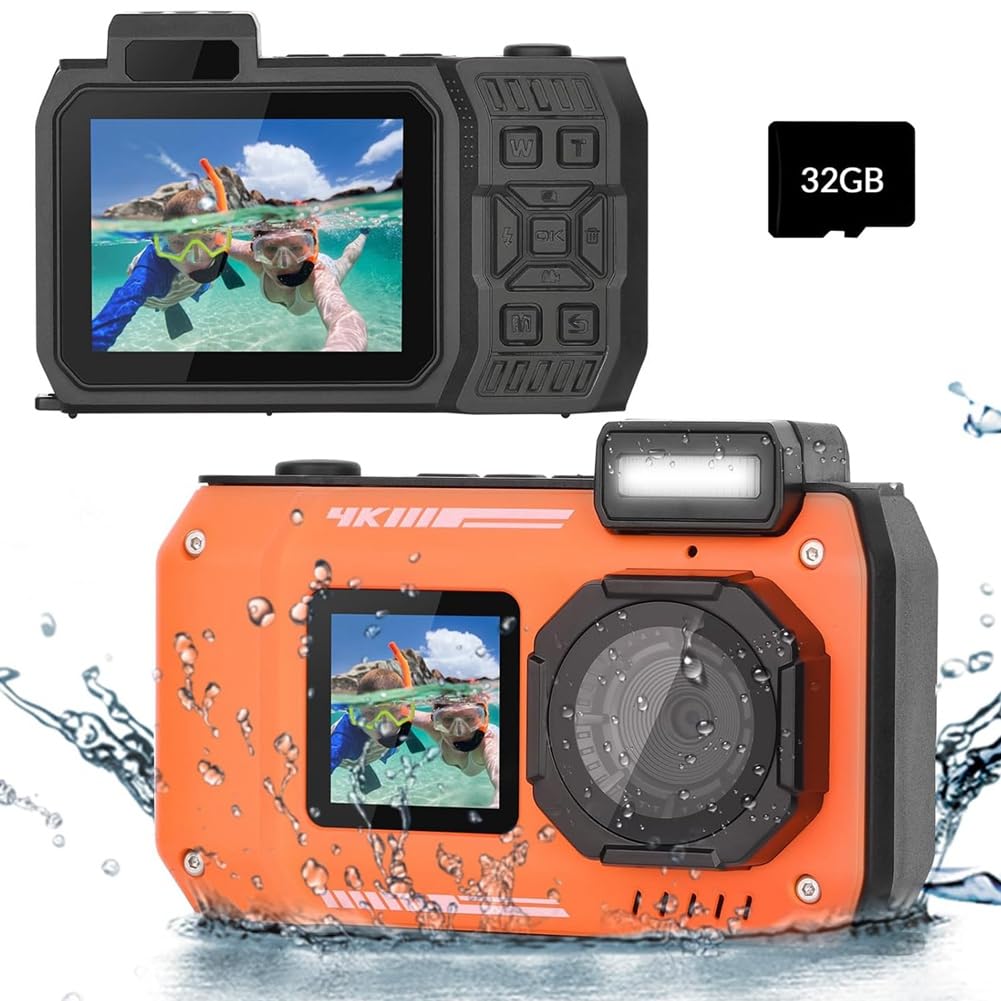 Cámara Subacuática 4K de 33 Pies, Cámara Impermeable con Pantallas Duales, Cámara Digital de 48 MP con Enfoque Automático para Hacer Snorkel