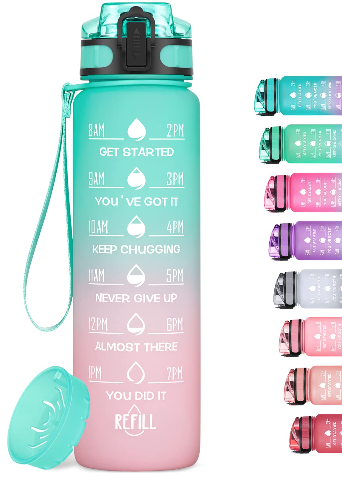 1L Sports Water Bottle, Slim Plastic Motivational Drink Bottle with Filter, Leakproof Water Bottle with Time Markings for Gym, Travel, School, Office, BPA-free (Green pink, 1000 ml)