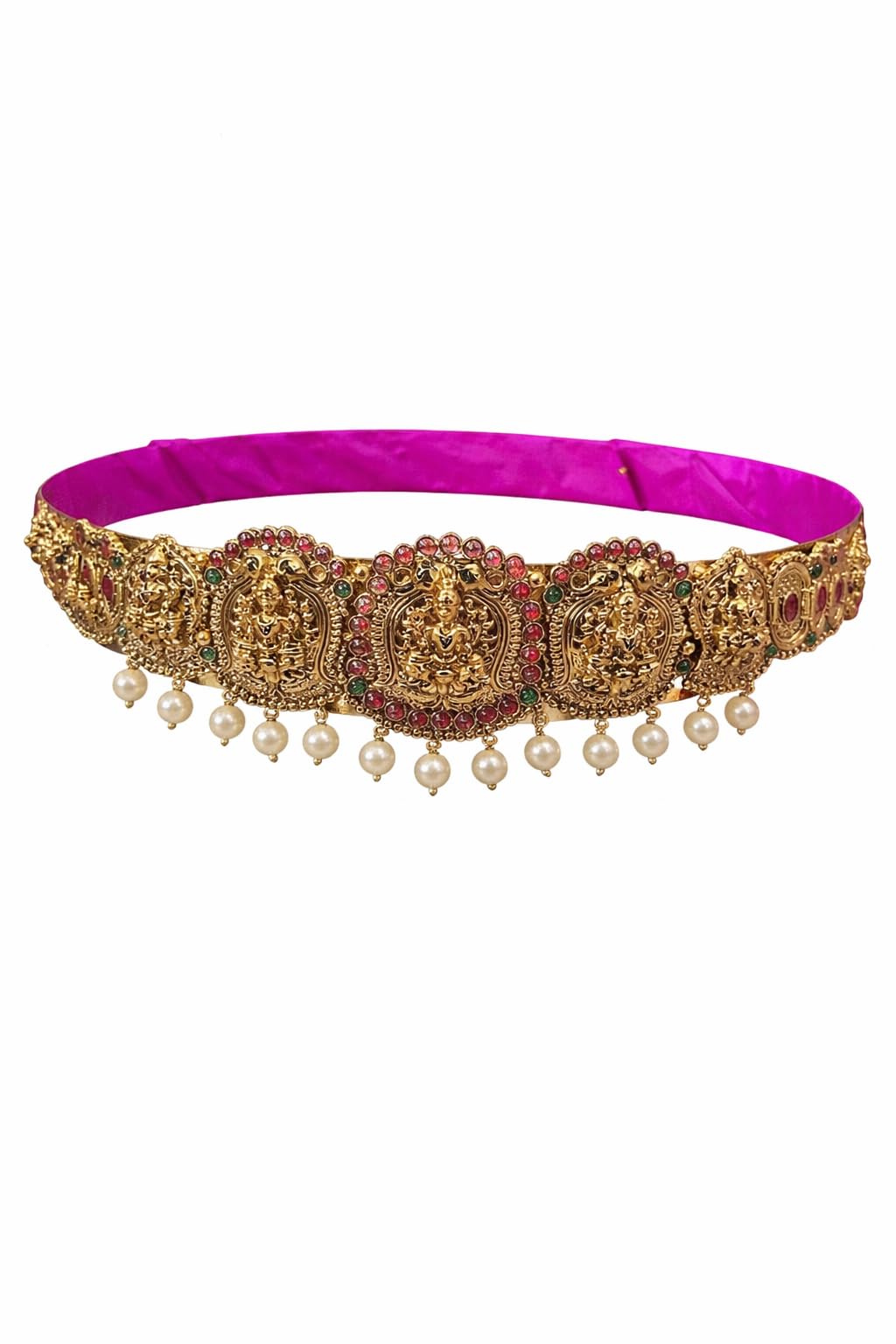 GKP Enterprises Blr Gold Plated Lakshmi Design Hip Belt, Traditional Waist Belt with Pearl Drops, Ruby and Emerald Stones-image-40