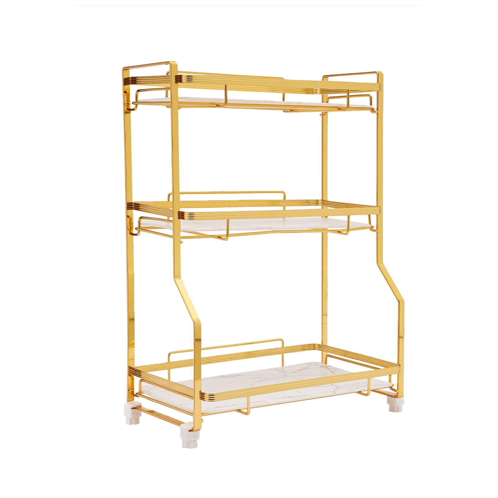 GDNTMU 3 Tier Bathroom Countertop Organizer, Gold Bathroom Vanity Counter Organizer with Small Storage Basket for Skincare Makeup Perfume (White, Gold)