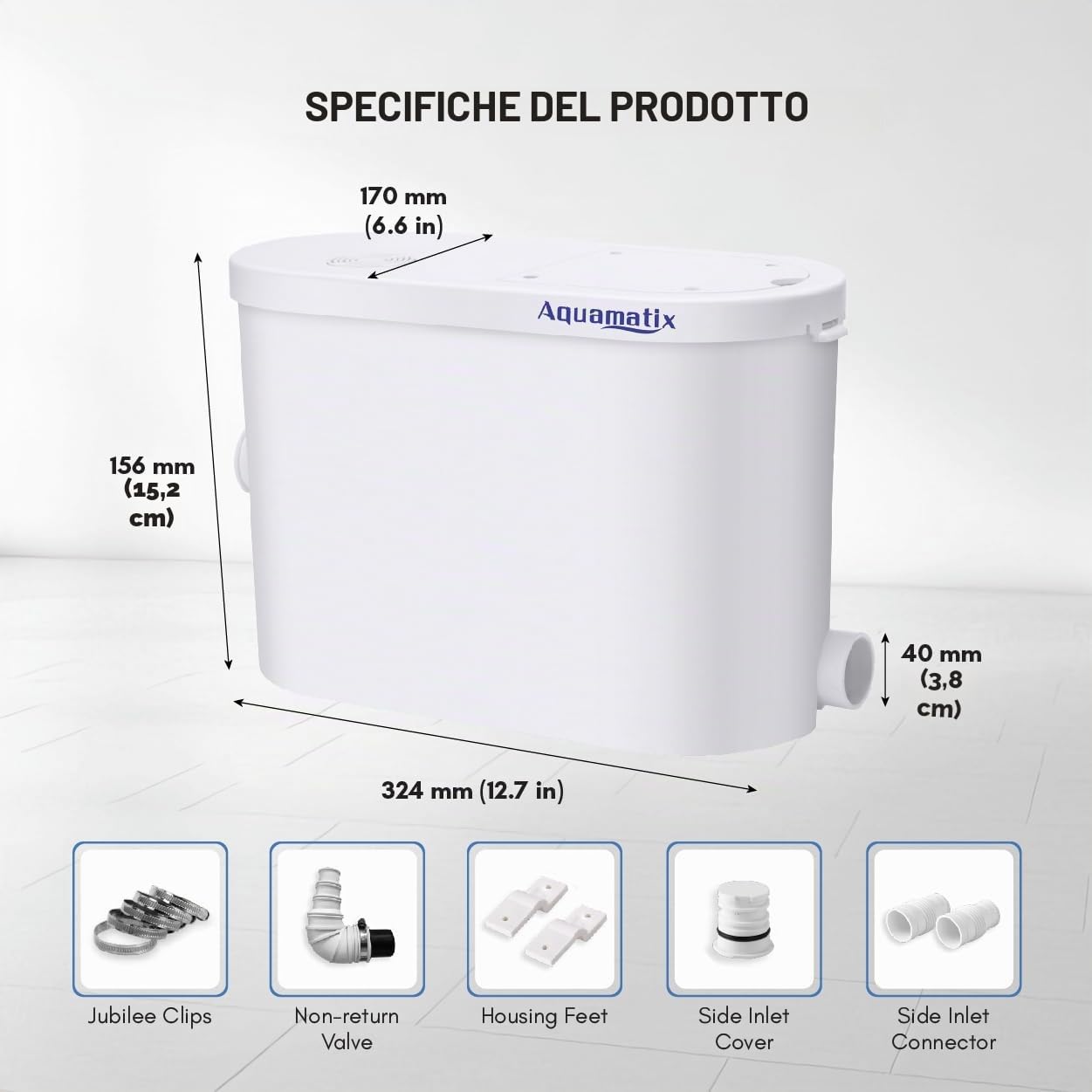 Aquamatix Silencio 2 Pompa Doccia 400W Trituratore Pompa Maceratore 145L/min 2 ingressi per doccia e lavandino Distanza di pompaggio verticale di 8 m con filtro a carbone