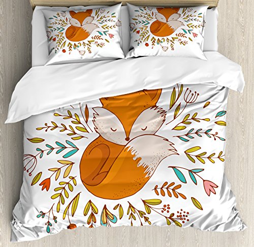 Ambesonne Cartoon Duvet Cover Set, Fox Sleeping in a Floral Made Bed Circle Art Print, Decorative 3 Piece Bedding Set with 2 Pillow Shams, Queen Size, Dark Orange White
