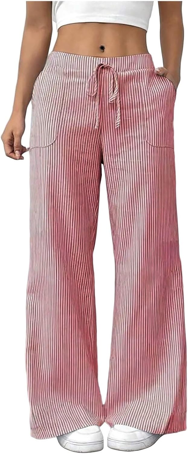 Striped Pants Women Summer Spring Wide Leg Casual Palazzo Trousers with Pockets Drawstring High Waist Loose Pants