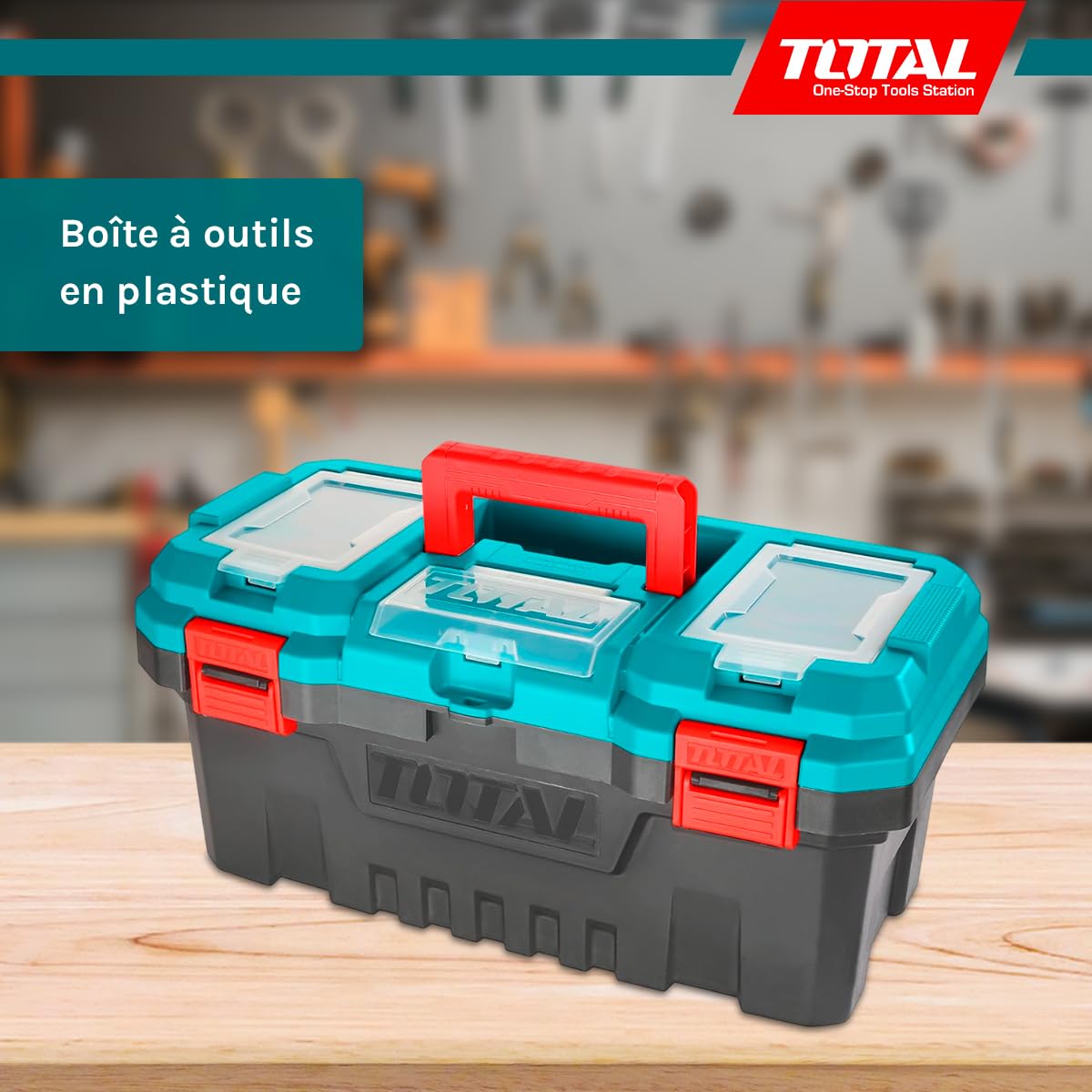 TOTAL - Organisateur d’Outils 20 kg - Boîte en Plastique avec Plateau Amovible et Couvercle Supérieur - 3 Zones de Rangement et Fonction Échelle - Dimensions 508x296x261 mm