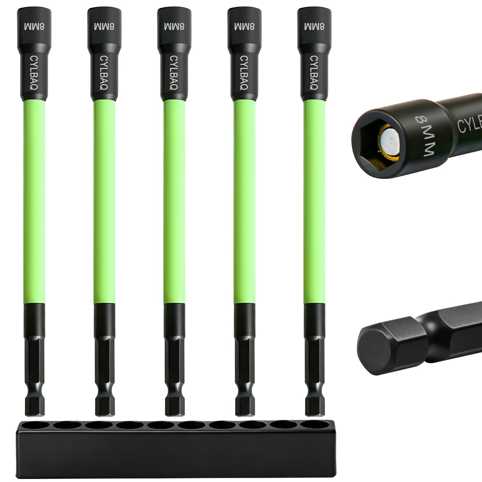 CYLBAQ 8MM Magnetic Nut Driver Set for Impact Drill, 5pcs 150mm (6 INCH) Long Nut Drivers, Long Shank Nut Driver Bits, 1/4" Hex Shank, Hex Shank Drill Bit Set