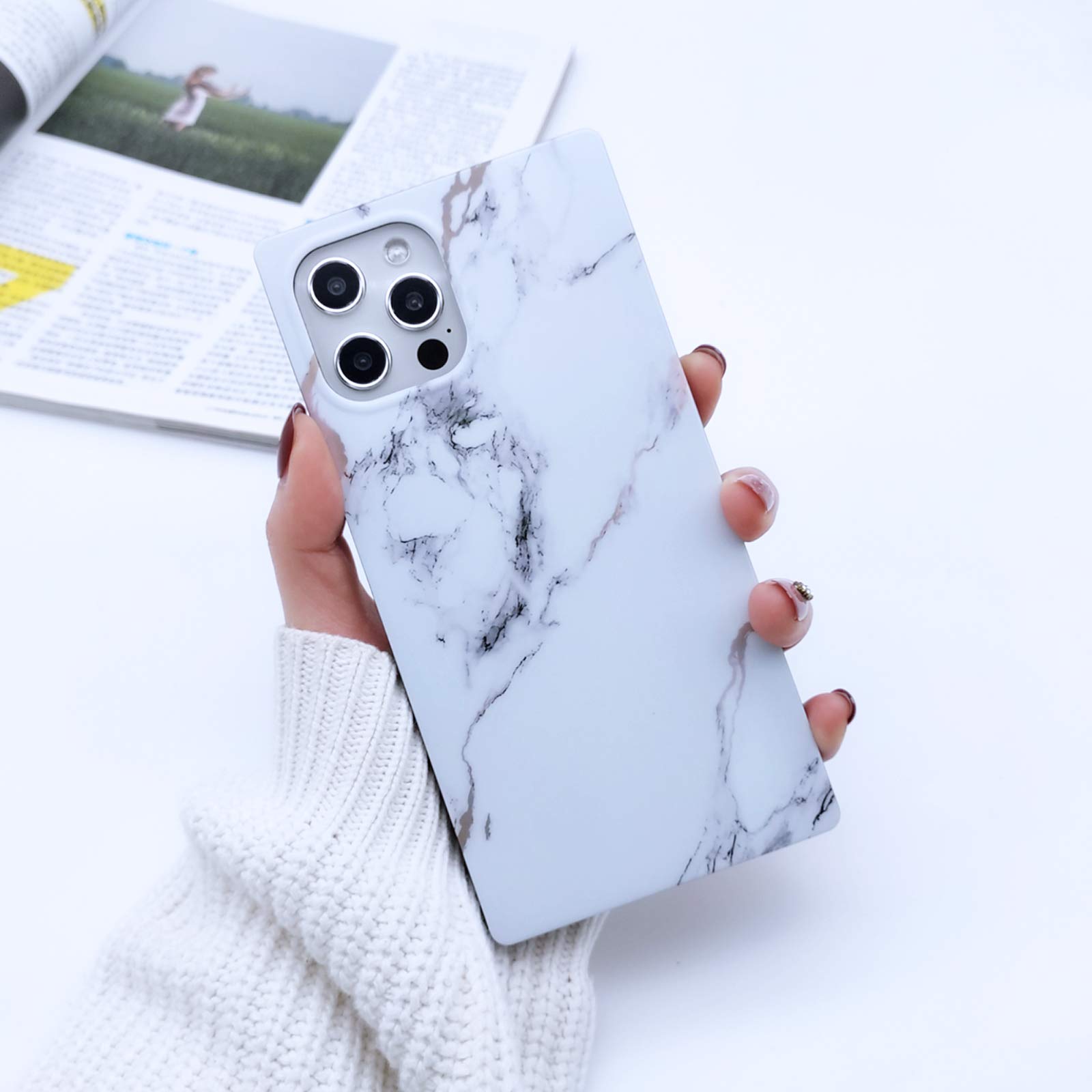 MADINCN Compatible with iPhone 12 Pro Max Square White Marble Case, 3D White Marble Square Shell Design, Rugged Slim fit Shock-Absorbing Soft Rubber TPU Skin Cover Case (White)