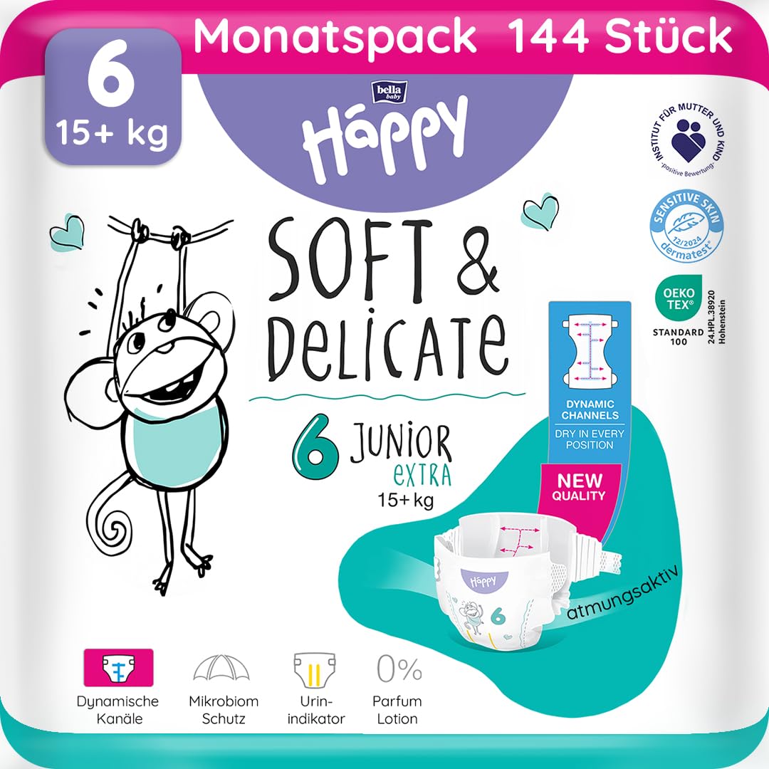 bella baby Happy Premium Windeln Größe 6 Junior Extra 15+ kg 144 Stück, DERMATEST & OEKO TEX Siegel, Babywindeln Einweg