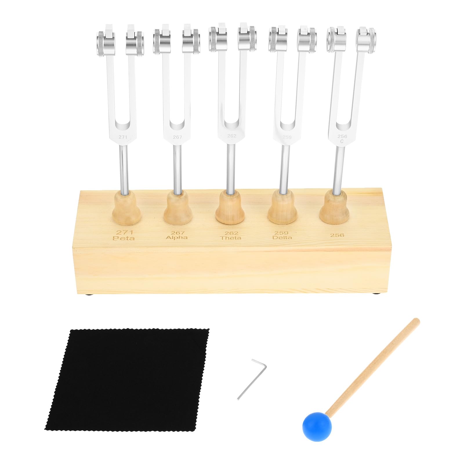 DRELD 5 Stimmgabel Set, Chakra Stimmgabel mit Holzständer, Aluminiumlegierung Tuner mit Silikonhammer Inbusschlüssel, für Heilung Klangtherapie Ausgleich Vibration (256HZ, 259HZ, 262HZ, 267HZ, 271HZ)