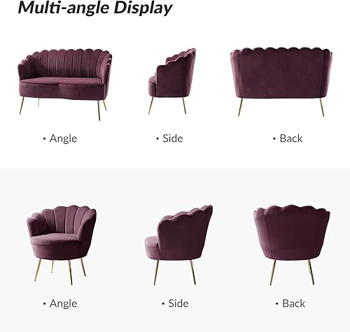 Miniatura 275 de HULALA HOME Moderno sofá biplaza de terciopelo con respaldo en forma de flor, cómodo sofá tapizado de 2 plazas con patas de metal dorado, sofá