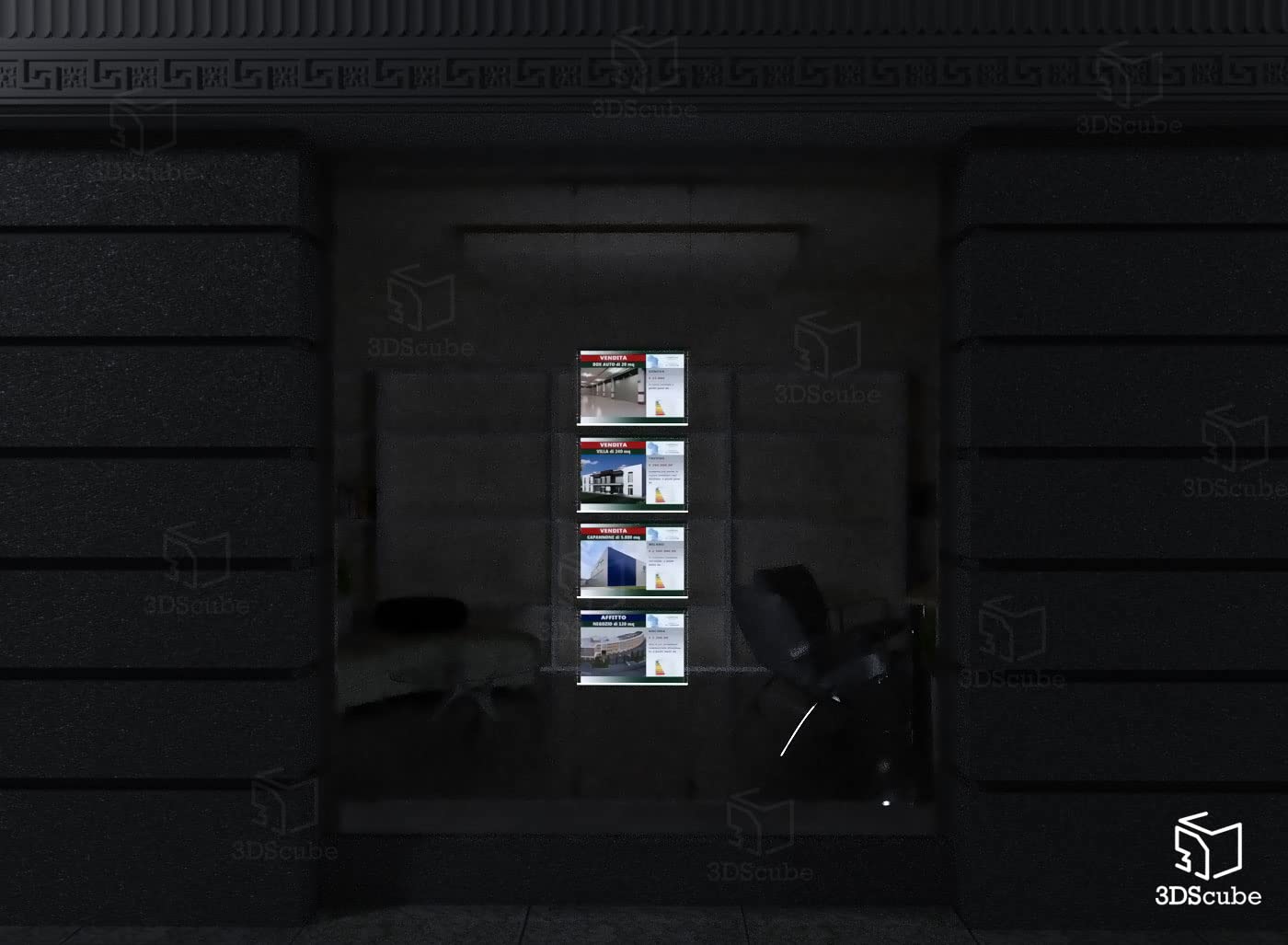 Espositore a cavetti luminoso monofacciale da vetrina, EVO LED KIT con cartelle luminose in plexiglass formato A3 orizzontale, porta annunci per agenzie immobiliari, studi fotografici (4 Cartelle)