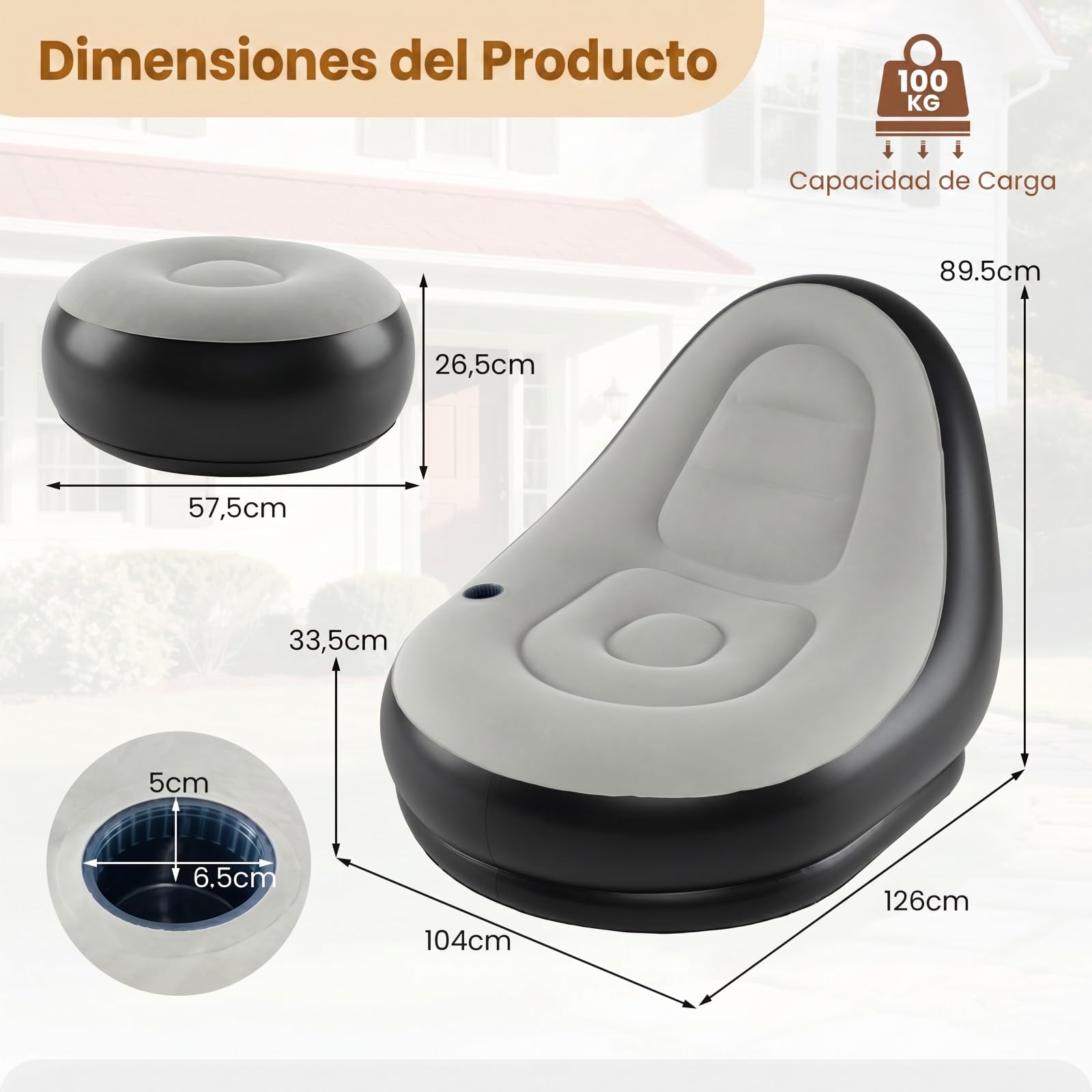 GOPLUS Sofa Hinchable Camping con Reposapiés, Sillon Infable Relax con Respaldo,Portavasos y Parches de Reparación, Puff Plegable Exterior, Silla Inflable para Balcón Jardín (con reposapiés)
