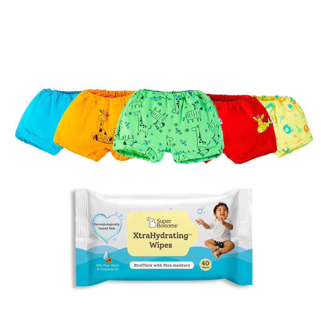 BASIC Super Soft Bloomer and SuperBottoms XtraHydrating™ Wipes -40 Pack | Unisex, 100% Pure Cotton Innerwear | Breathable & Super Soft Underwear | Pack of 5 Underwear for kids | Size -6-9 Months |