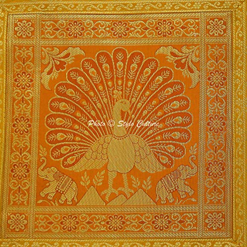 Image of Decorative Brocade Cushion Covers 16x16 Inch Banarasi Jacquard Weave Mustard Yellow & Gold Home Decor Peacock Traditional Square 40x40 cm Zippered Sofa Settee Pillowcases -Set of 5 Pcs